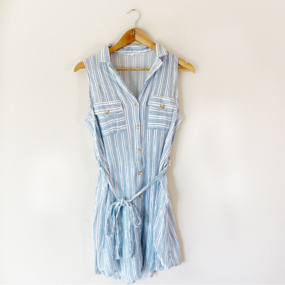 MINE Blue White Stripe Linen Button Down Tie Collar Mini Dress Size Large